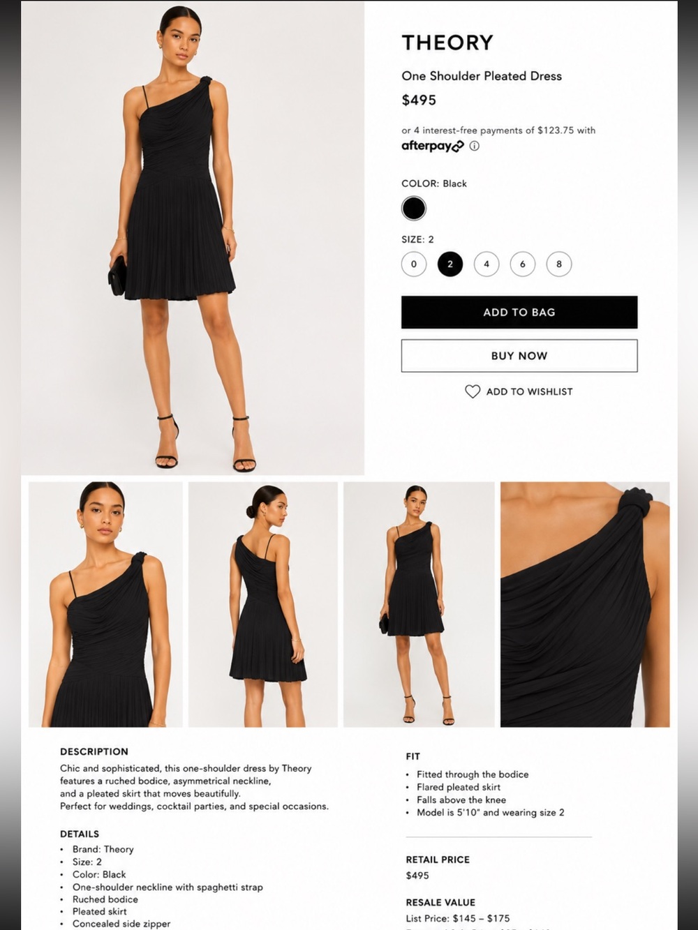 Theory Black One-Shoulder Pleated Dress